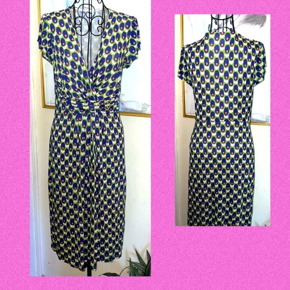 BODEN GREEN, PURPLE KNIT DRESS~V-NECK W/RUCHED WAIST~FLUTTER SLEEVES~SIZE US 4 - Picture 3 of 4